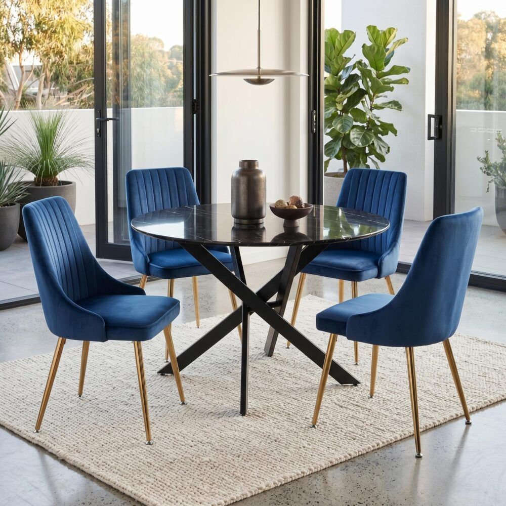 Marble Masterpiece Table and Chair Set V264-DNT-410-BLK-DNC-414V-BLU-4