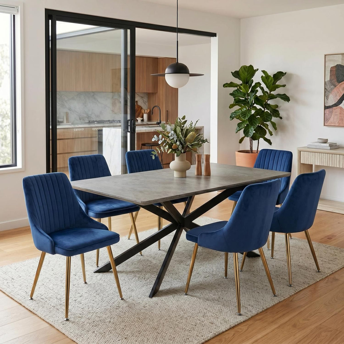 Dining Delight: Rectangular Table and Navy Velvet Chairs Dining Set V264-DNT-411C-DGR-DNC-414V-BLU-6