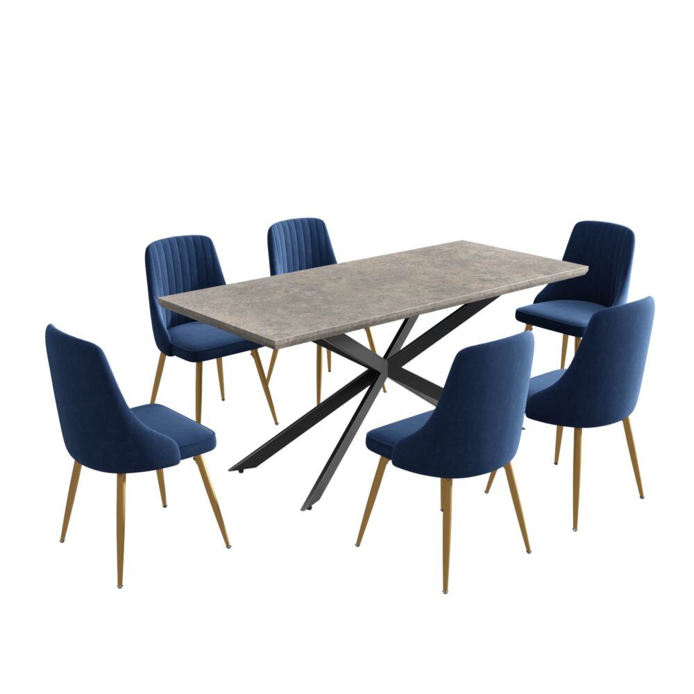 Dining Delight: Rectangular Table and Navy Velvet Chairs Dining Set V264-DNT-411C-DGR-DNC-414V-BLU-6