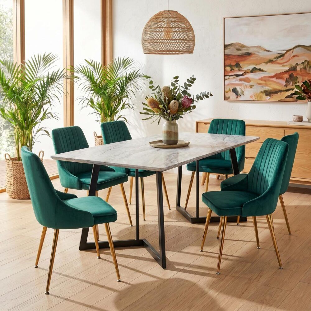 Marbleous Green Velvet Dining Set V264-DNT-413C-WHE-DNC-414V-GRN-6