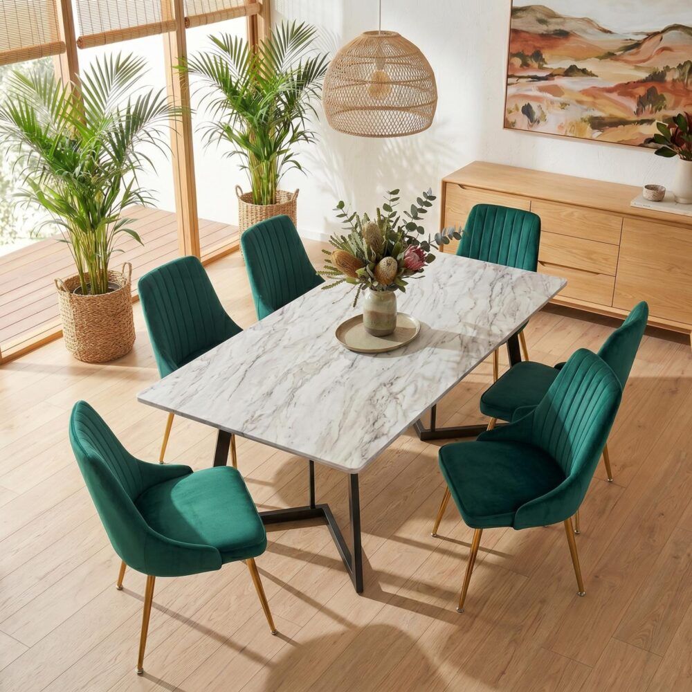 Marbleous Green Velvet Dining Set V264-DNT-413C-WHE-DNC-414V-GRN-6