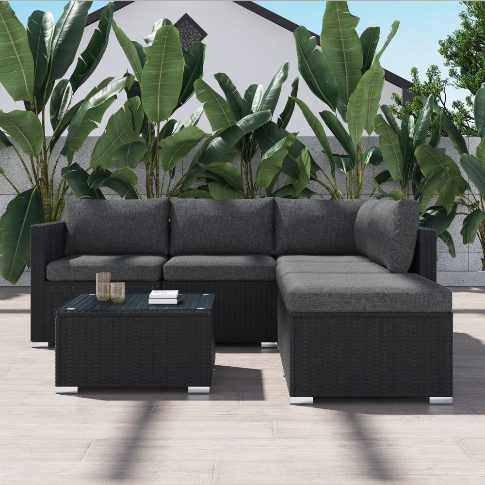 Ottoman-Style Outdoor Lounge Set in Black V264-OTF-507S-541S-BLK