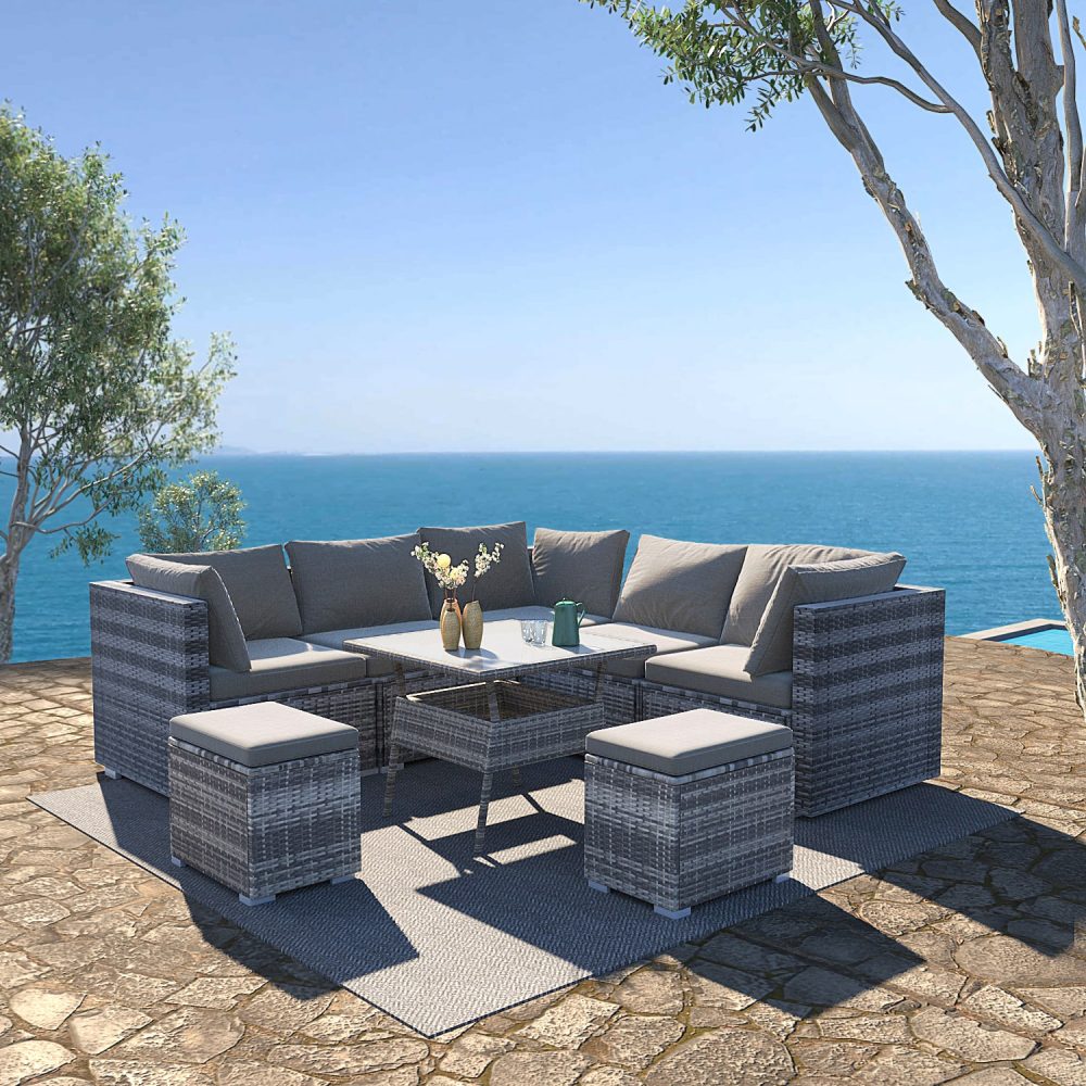 8PC Outdoor Dining Set Wicker Table &amp; Chairs-Grey V264-OTF-511S-LGR