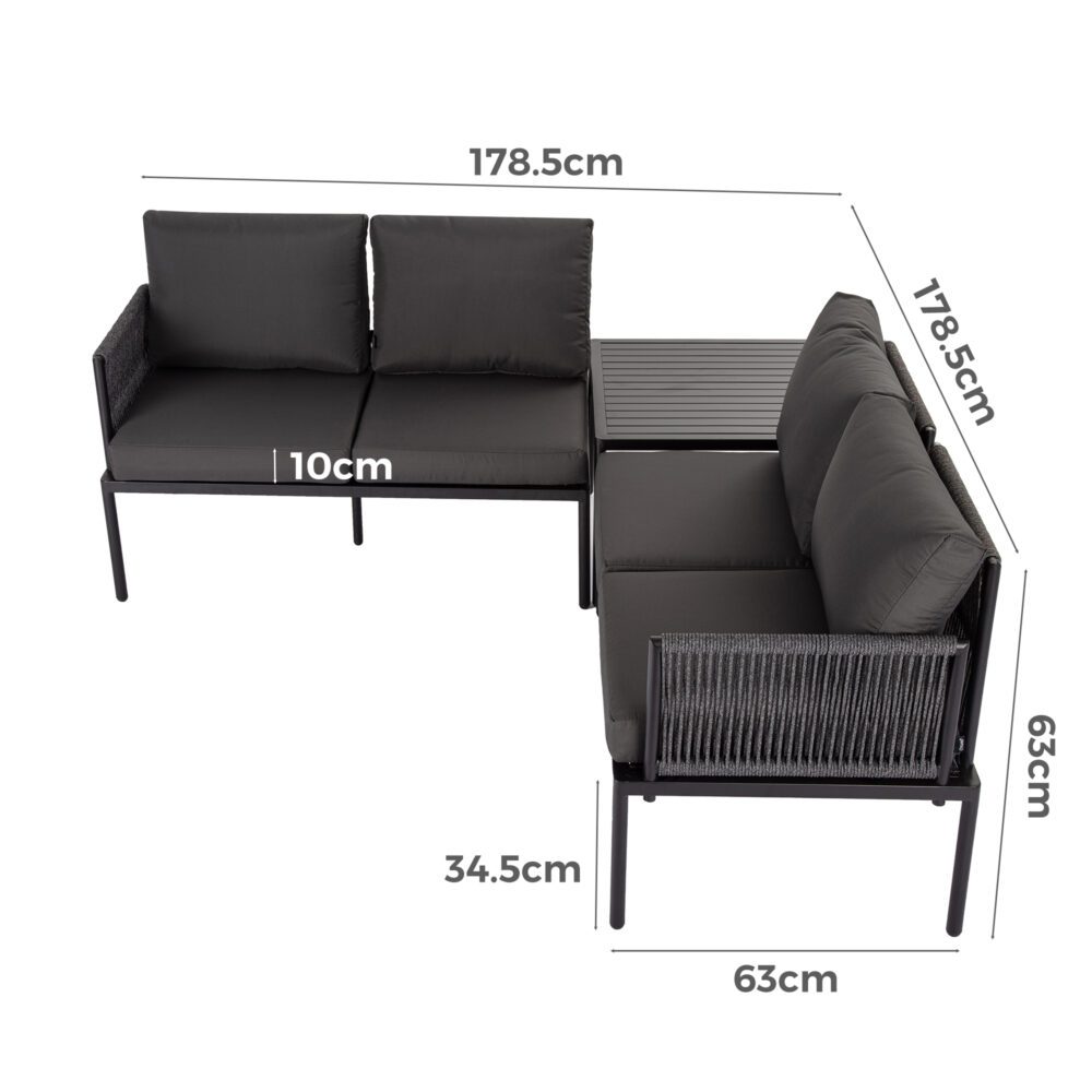 Eden 4-Seater Outdoor Lounge Set with Coffee Table in Black-Stylish Textile and Rope Design V264-OTF-523S-BLK-NA-1