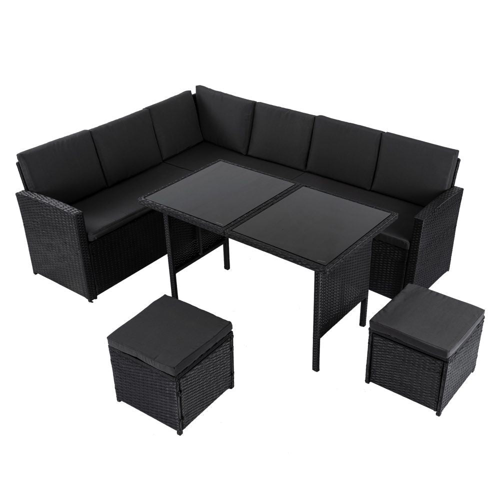 Ella 8-Seater Modular Outdoor Garden Lounge and Dining Set with Table and Stools in Black V264-OTF-526S-BLK
