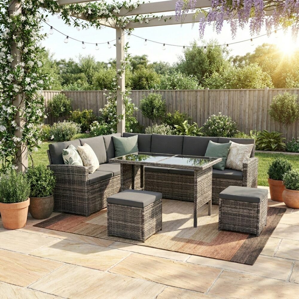 Ella 8-Seater Modular Outdoor Garden Lounge and Dining Set with Table and Stools in Dark Grey Weave V264-OTF-526S-DGR