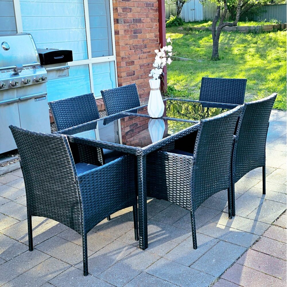 Outdoor Minimalist Black Wicker 6-Seater Dining Set V264-OTF-527S-BLK