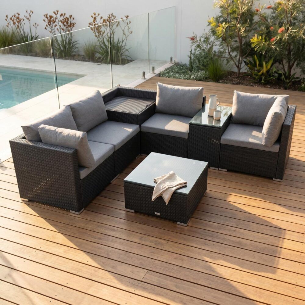 7PC Outdoor Wicker Loveseat Setting with Storage Corner (Black) V264-OTF-530S-BLK-OTF-508-BLK