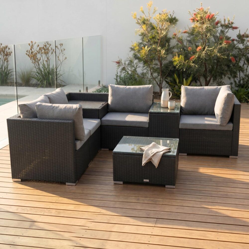 7PC Outdoor Wicker Loveseat Setting with Storage Corner (Black) V264-OTF-530S-BLK-OTF-508-BLK