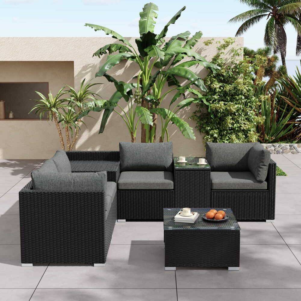 7PC Outdoor Wicker Loveseat Setting with Storage Corner (Black) V264-OTF-530S-BLK-OTF-508-BLK