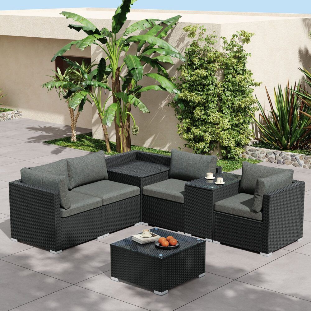 7PC Outdoor Wicker Loveseat Setting with Storage Corner (Black) V264-OTF-530S-BLK-OTF-508-BLK