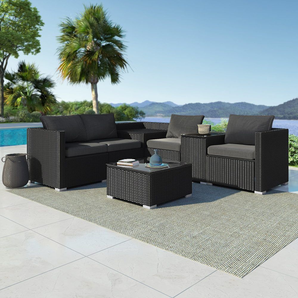 7PC Outdoor Wicker Loveseat Setting with Storage Corner (Black) V264-OTF-530S-BLK-OTF-508-BLK