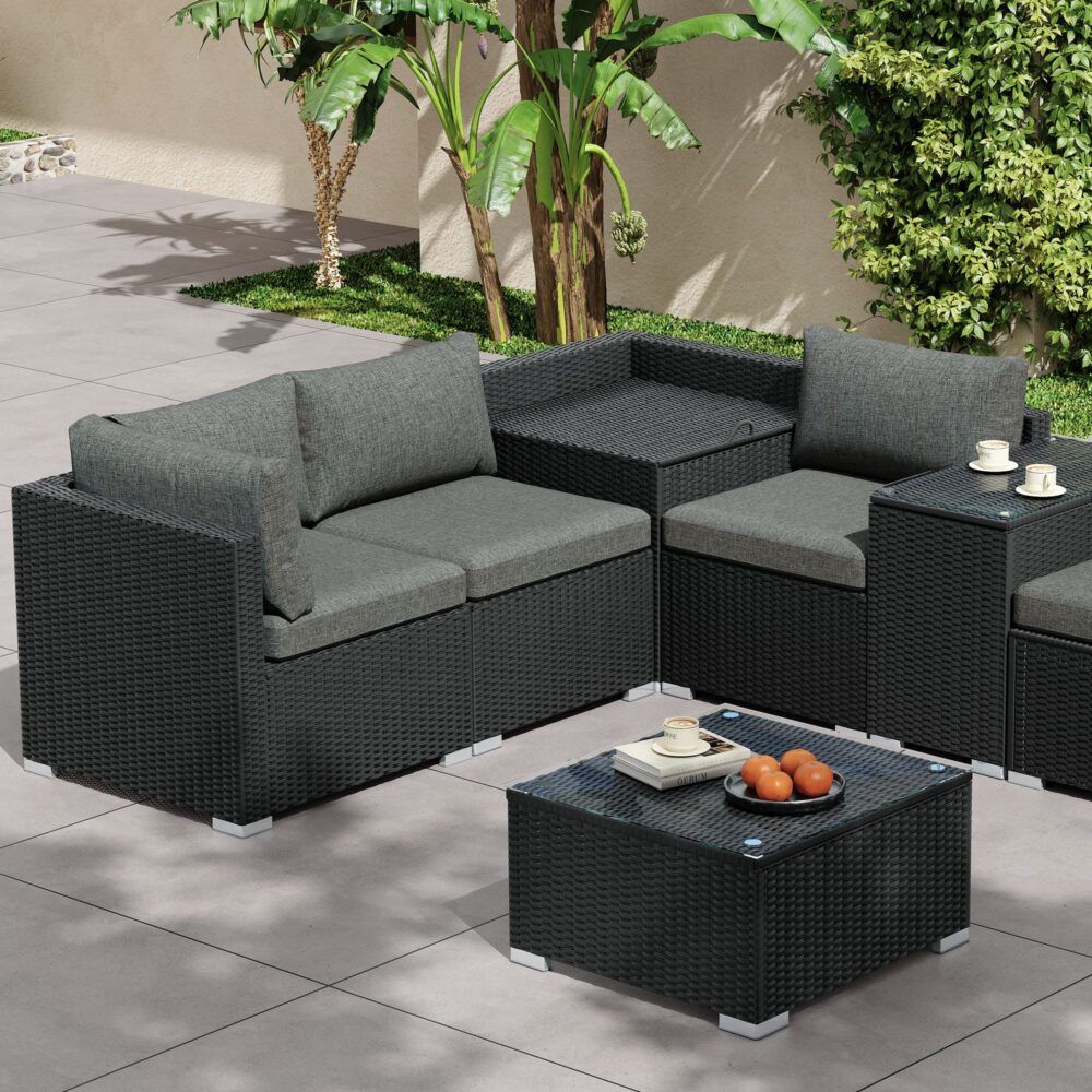 7PC Outdoor Wicker Loveseat Setting with Storage Corner (Black) V264-OTF-530S-BLK-OTF-508-BLK