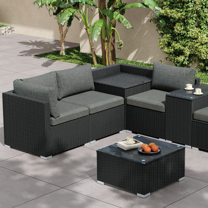 7PC Outdoor Wicker Loveseat Setting with Storage Corner (Black) V264-OTF-530S-BLK-OTF-508-BLK