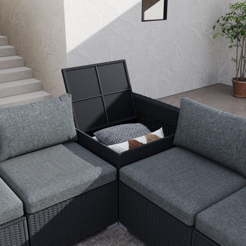 7PC Outdoor Wicker Loveseat Setting with Storage Corner (Black) V264-OTF-530S-BLK-OTF-508-BLK