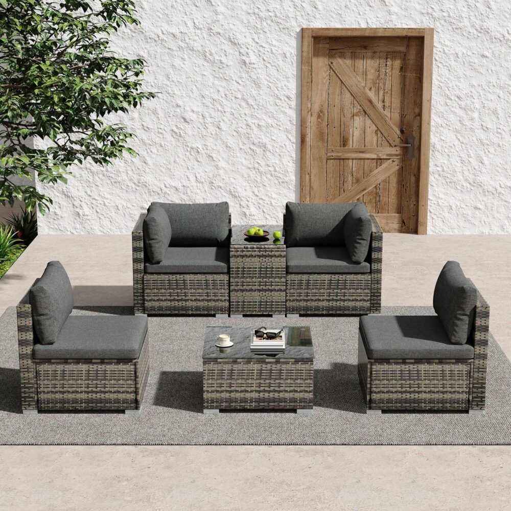 Outdoor Modular Lounge Sofa with Wicker End Table Set V264-OTF-530S-LGR-OTF-507-LGR