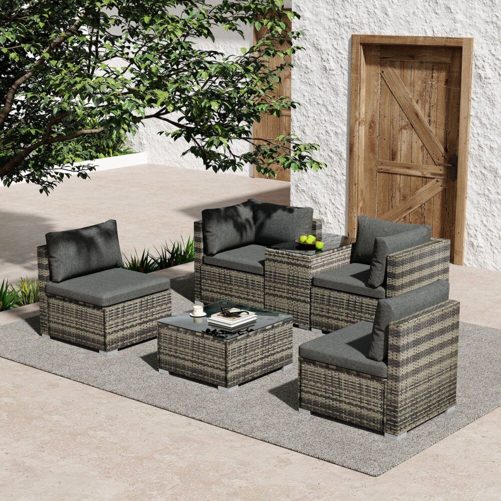 Outdoor Modular Lounge Sofa with Wicker End Table Set V264-OTF-530S-LGR-OTF-507-LGR