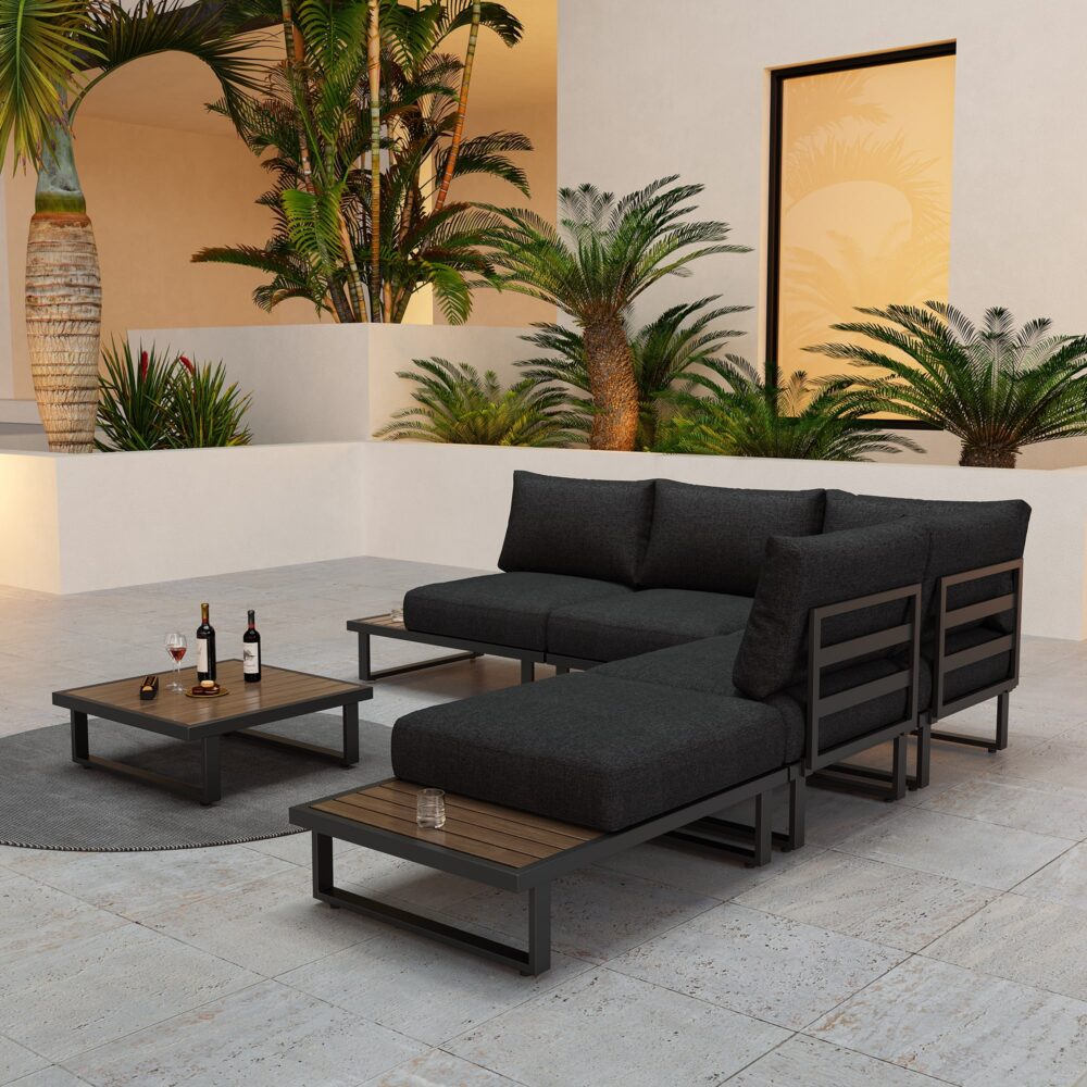 Modern Outdoor 7 Piece Lounge Set with Slatted Polywood Design Tables V264-OTF-535A-BLK-7PC