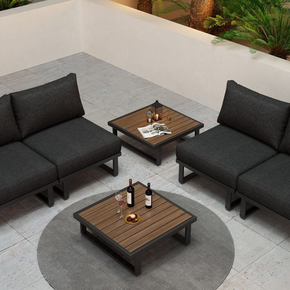 Modern Outdoor 7 Piece Lounge Set with Slatted Polywood Design Tables V264-OTF-535A-BLK-7PC