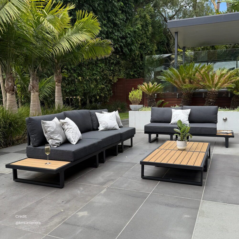 Modern Outdoor 7 Piece Lounge Set with Slatted Polywood Design Tables V264-OTF-535A-BLK-7PC