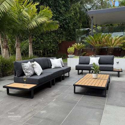 Modern Outdoor 7 Piece Lounge Set with Slatted Polywood Design Tables V264-OTF-535A-BLK-7PC
