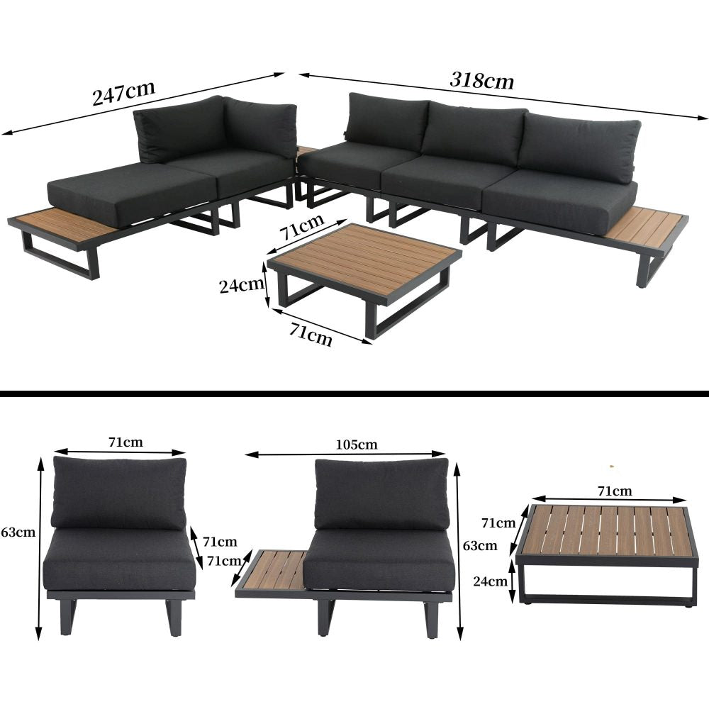 Modern Outdoor 7 Piece Lounge Set with Slatted Polywood Design Tables V264-OTF-535A-BLK-7PC