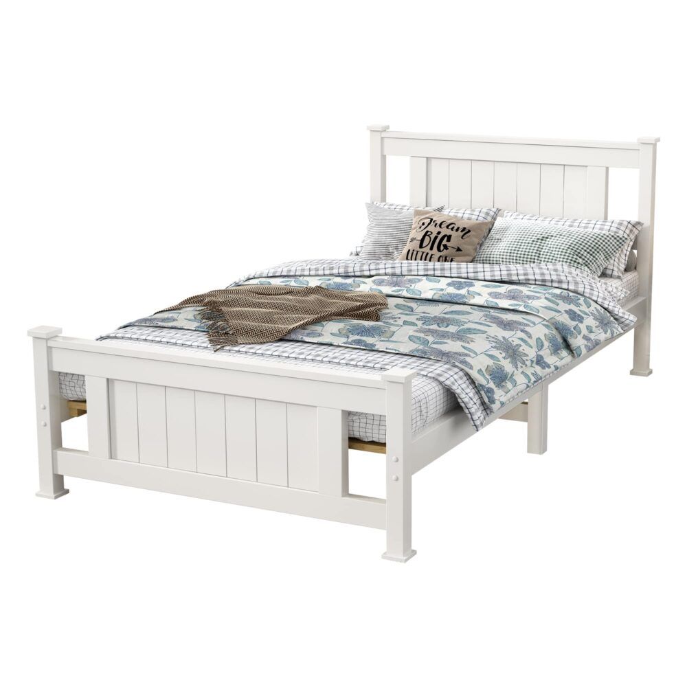 Single Solid Pine Timber Bed Frame-White V264-STB-101P-WHE-SL-1