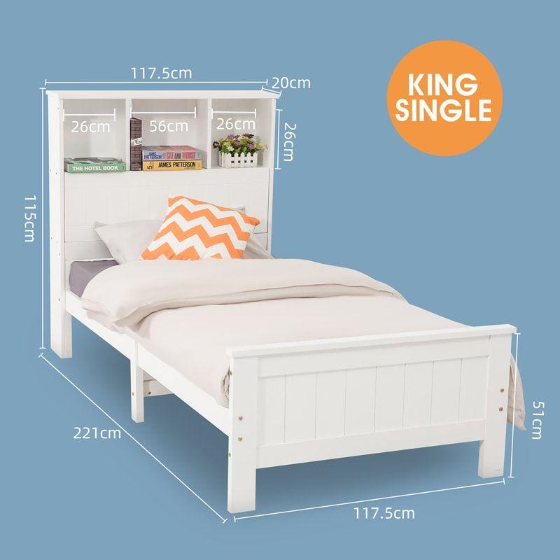King Single Solid Pine Timber Bed Frame with Bookshelf Storage Headboard- White V264-STB-107P-WHE-KS