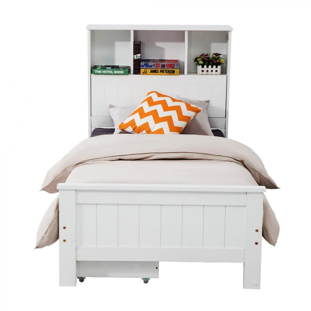 King Single Solid Pine Timber Bed Frame with Bookshelf Storage Headboard- White V264-STB-107P-WHE-KS