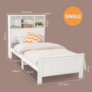 Single Size Solid Pine Timber Bed Frame with Bookshelf Headboard- White V264-STB-107P-WHE-SL