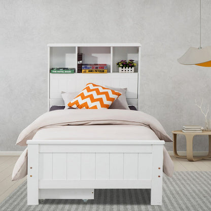 Single Size Solid Pine Timber Bed Frame with Bookshelf Headboard- White V264-STB-107P-WHE-SL