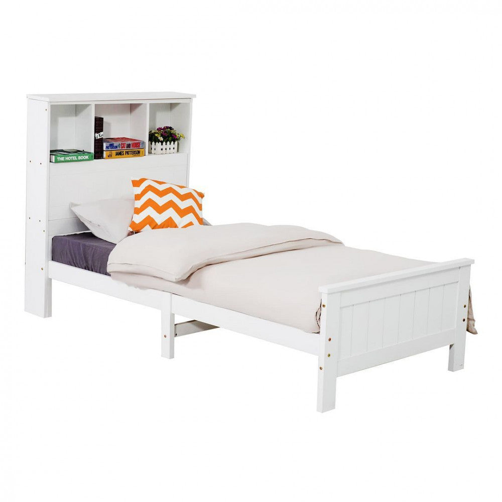 Single Size Solid Pine Timber Bed Frame with Bookshelf Headboard- White V264-STB-107P-WHE-SL
