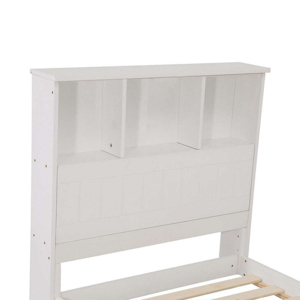 Single Size Solid Pine Timber Bed Frame with Bookshelf Headboard- White V264-STB-107P-WHE-SL