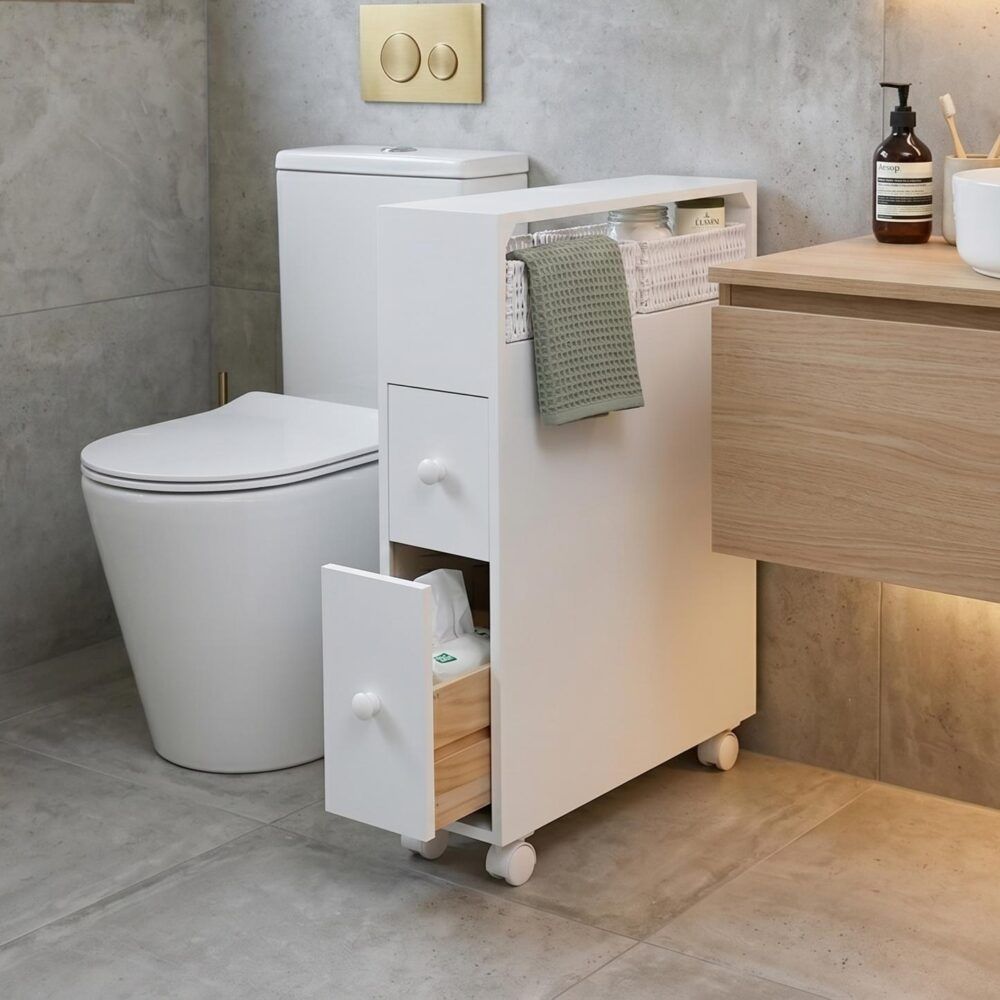Removable Bathroom Side Cabinet Toilet Caddy with Storage Drawers- White V264-TAB-706C-WHE-NA-1