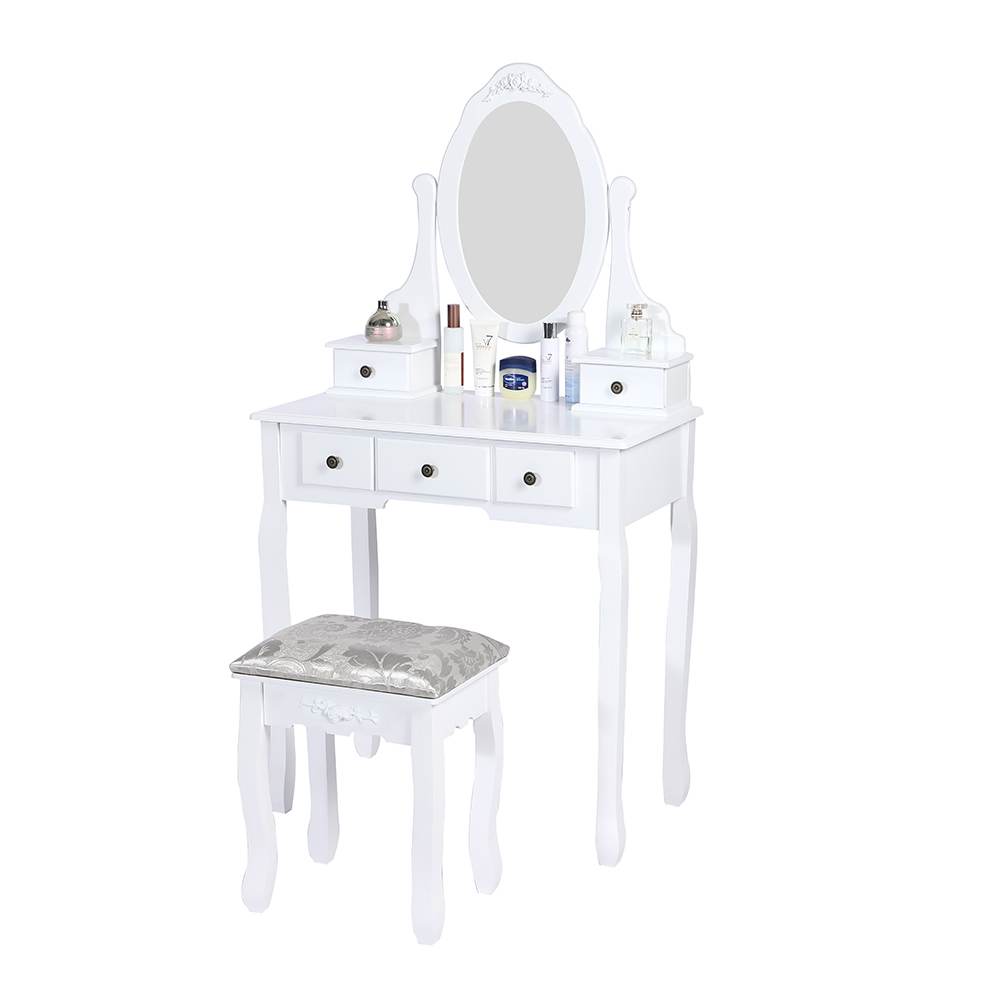 Carved Dressing Vanity Table Set with Mirror&Stool- White V264-TAB-707C-WHE-NA-1
