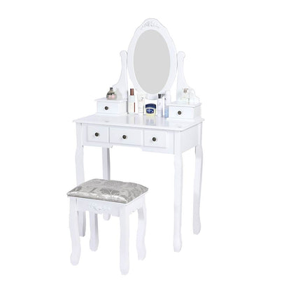 Carved Dressing Vanity Table Set with Mirror&Stool- White V264-TAB-707C-WHE-NA-1