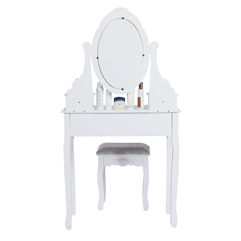 Carved Dressing Vanity Table Set with Mirror&Stool- White V264-TAB-707C-WHE-NA-1