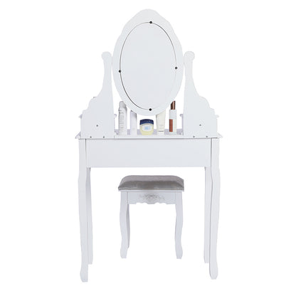 Carved Dressing Vanity Table Set with Mirror&Stool- White V264-TAB-707C-WHE-NA-1