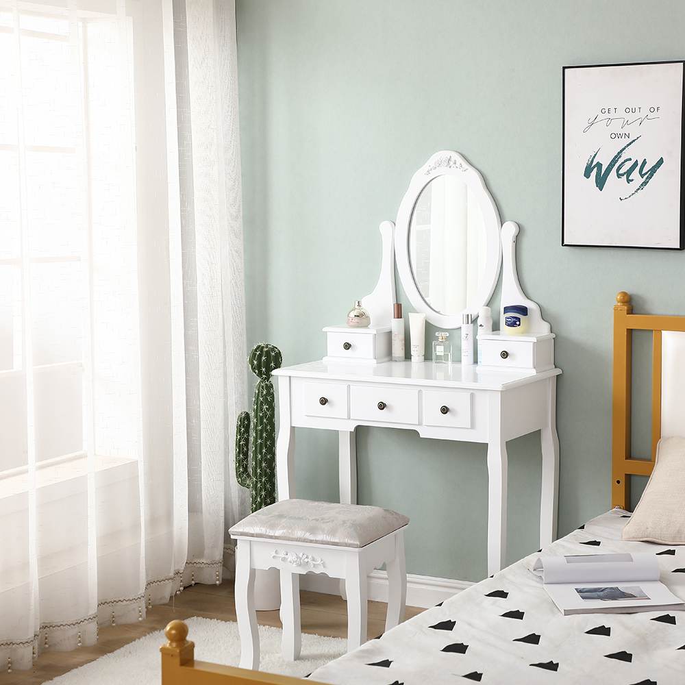 Carved Dressing Vanity Table Set with Mirror&Stool- White V264-TAB-707C-WHE-NA-1