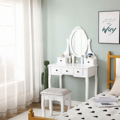 Carved Dressing Vanity Table Set with Mirror&Stool- White V264-TAB-707C-WHE-NA-1