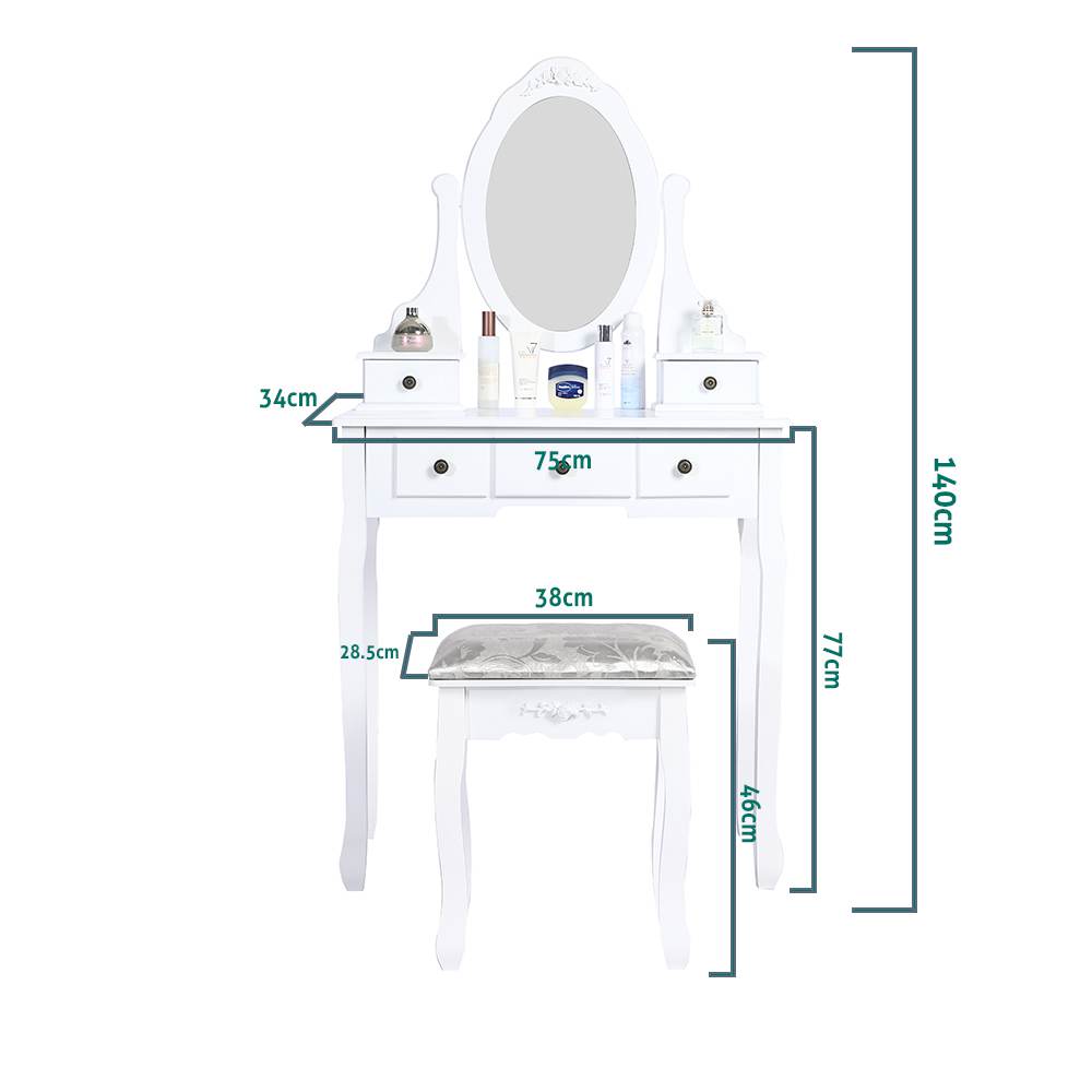 Carved Dressing Vanity Table Set with Mirror&Stool- White V264-TAB-707C-WHE-NA-1