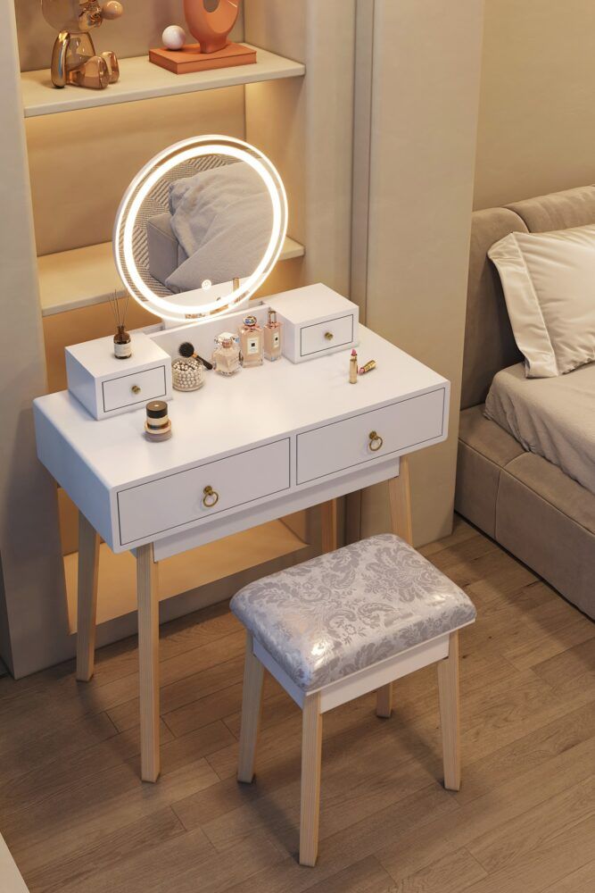 Dressing Vanity Table Stool Set with Make-up LED Lighted Mirror-White V264-TAB-708C-WHE-NA-1
