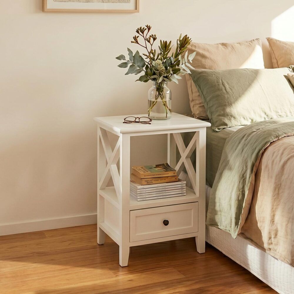 2-tier Bedside Table with Storage Drawer 2 PC Rustic White V264-TAB-710C-WHE-2PC-1