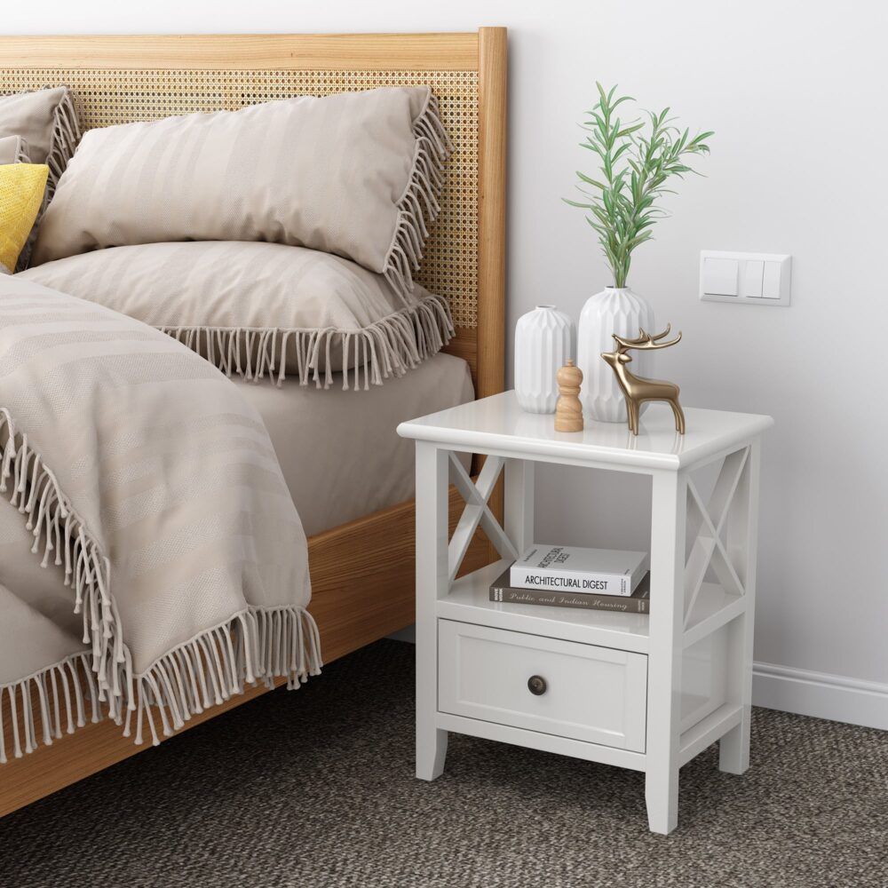 2-tier Bedside Table with Storage Drawer 2 PC Rustic White V264-TAB-710C-WHE-2PC-1