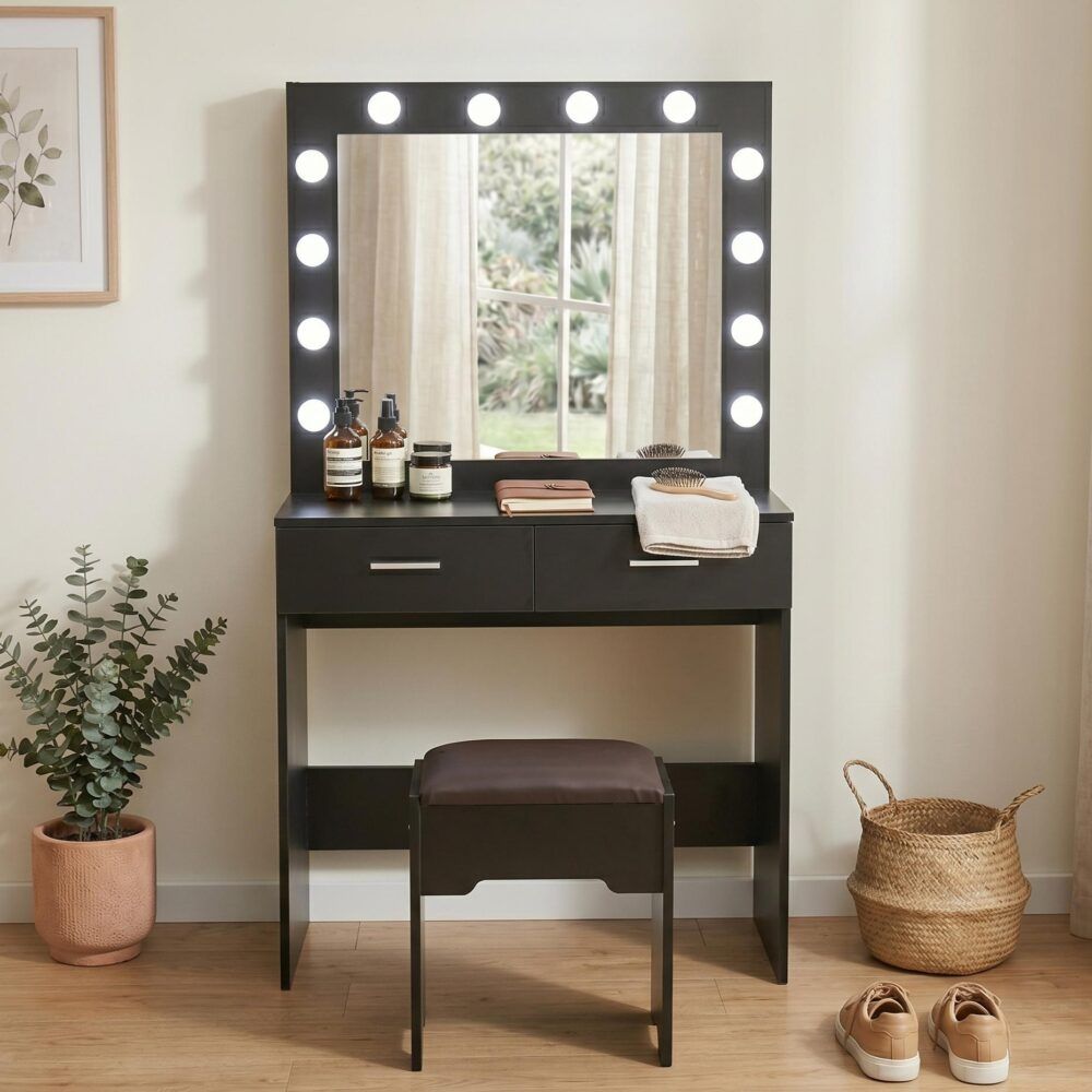 Fidel Vanity Set with Cushioned Stool and Lighted Mirror- Black V264-TAB-716C-BLK-NA-1
