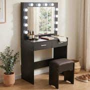 Fidel Vanity Set with Cushioned Stool and Lighted Mirror- Black V264-TAB-716C-BLK-NA-1