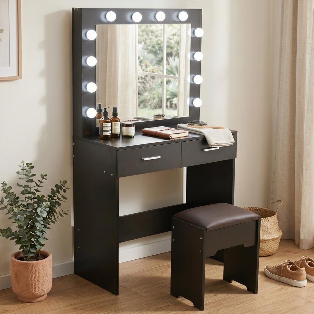 Fidel Vanity Set with Cushioned Stool and Lighted Mirror- Black V264-TAB-716C-BLK-NA-1