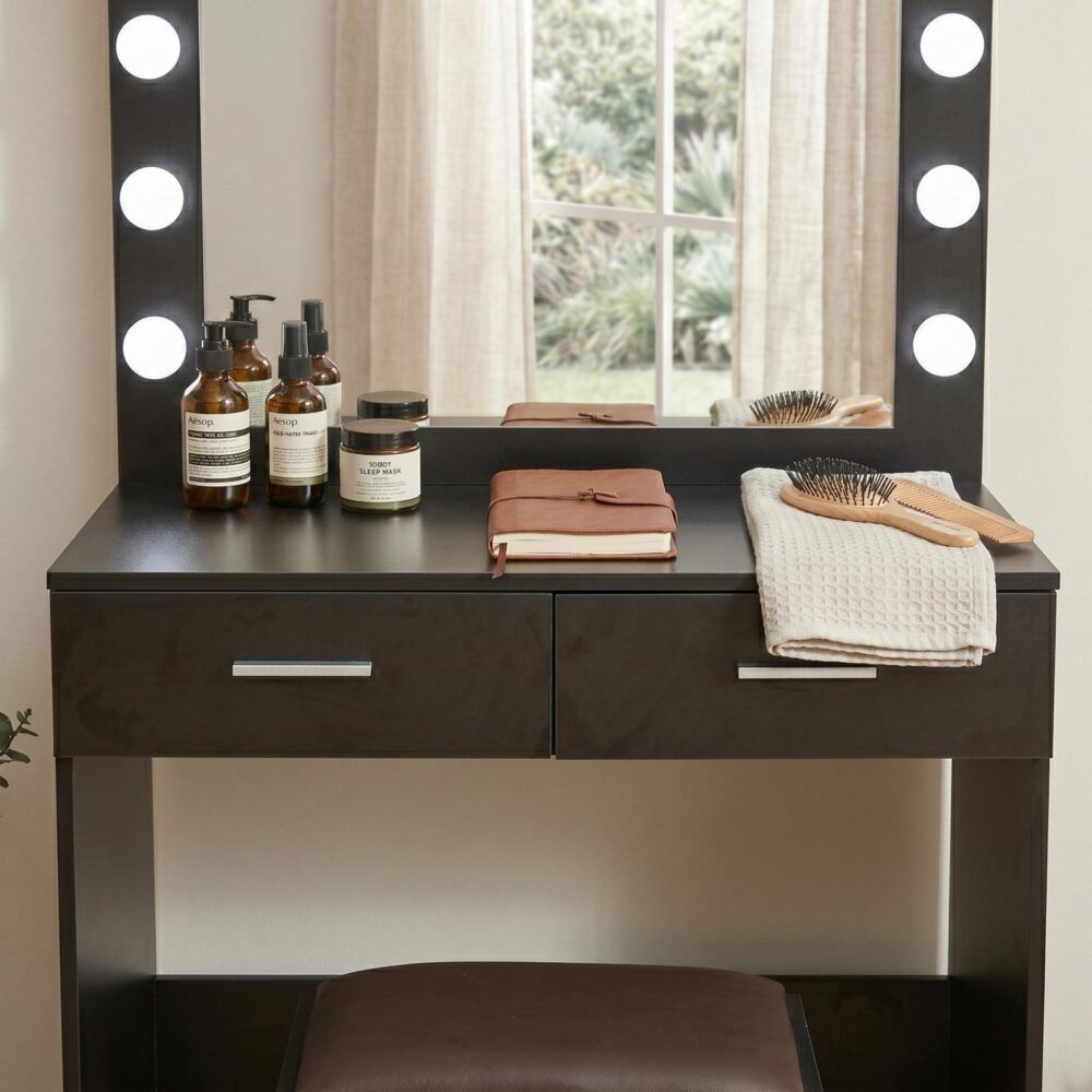 Fidel Vanity Set with Cushioned Stool and Lighted Mirror- Black V264-TAB-716C-BLK-NA-1