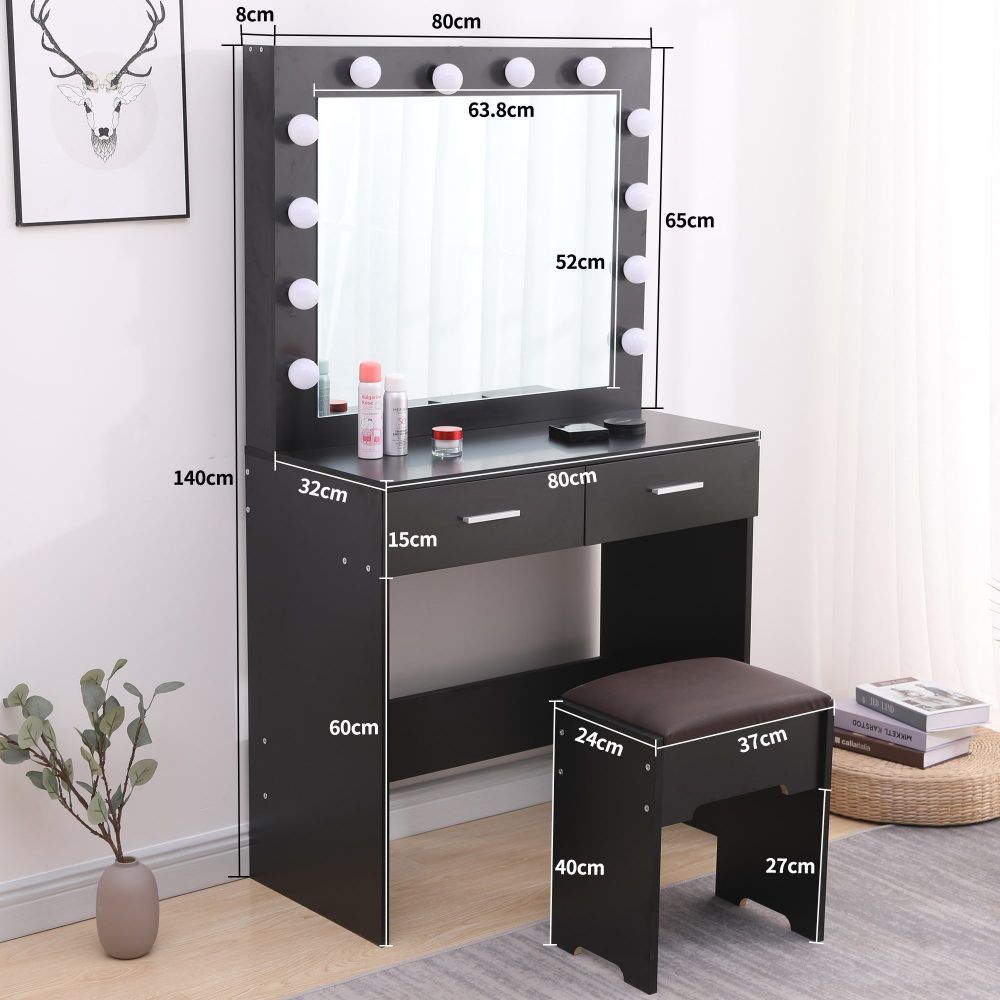 Fidel Vanity Set with Cushioned Stool and Lighted Mirror- Black V264-TAB-716C-BLK-NA-1