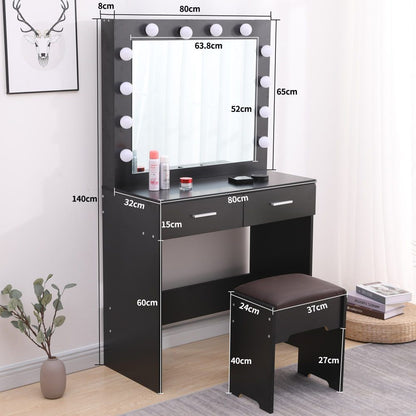 Fidel Vanity Set with Cushioned Stool and Lighted Mirror- Black V264-TAB-716C-BLK-NA-1